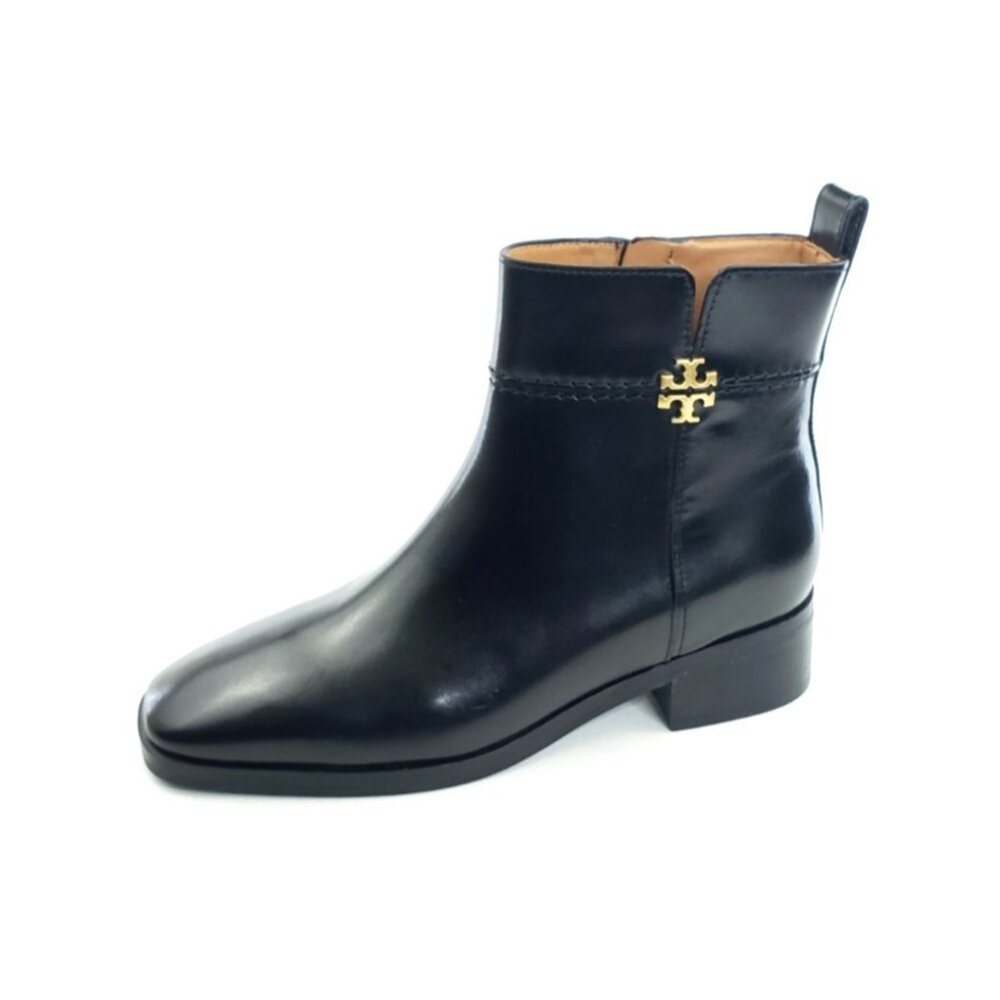 Tory Burch Everly Womens Flat Ankle Boots Black Leather Gold Logo Size 7M